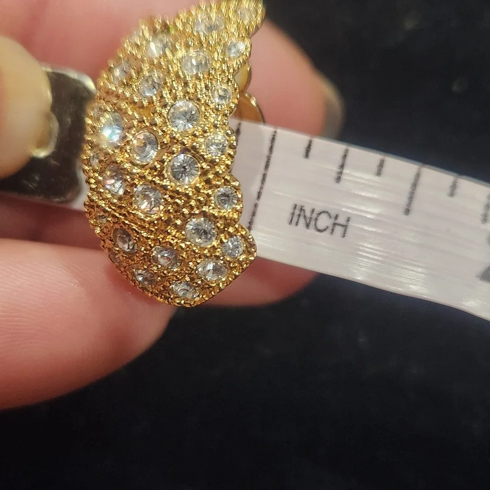 Gold Tone Pave Rhinestone Clip On Earrings Vintage Style Scalloped J Hoop